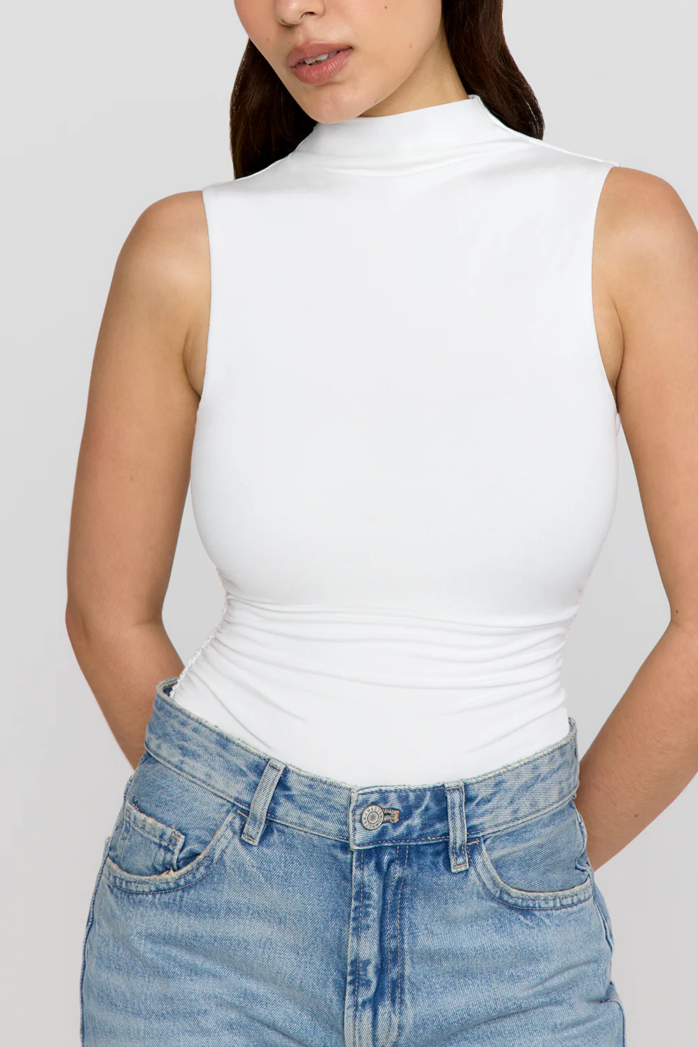 365 Ruched Side Mock Neck Top - Coconut Milk - Image 5
