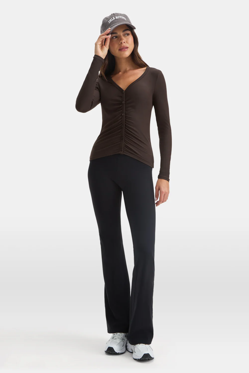 365 Sculpting Lounge Gathered Button Up Cardigan - Espresso - Image 3