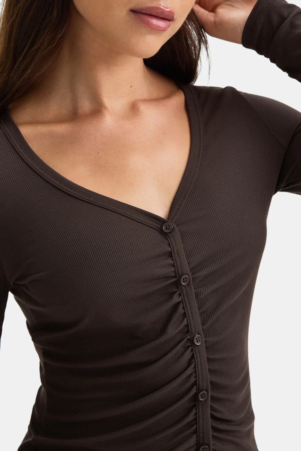 365 Sculpting Lounge Gathered Button Up Cardigan - Espresso - Image 5