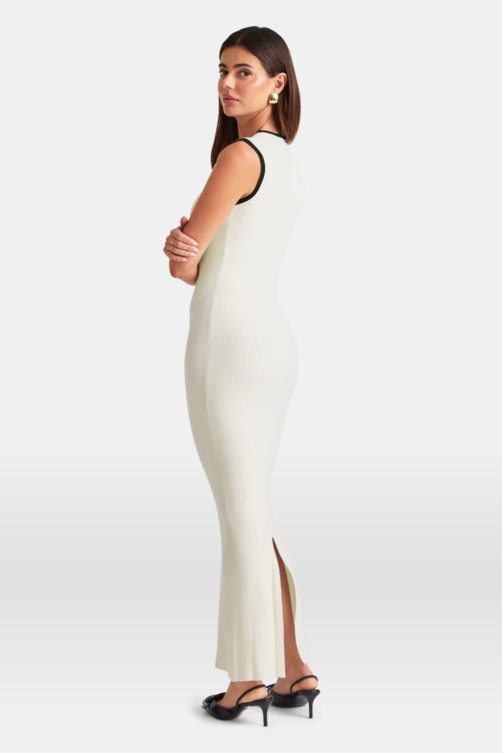 Sleeveless Contrast Ribbed Knit Maxi Dress - Buttermilk And Black - Image 3