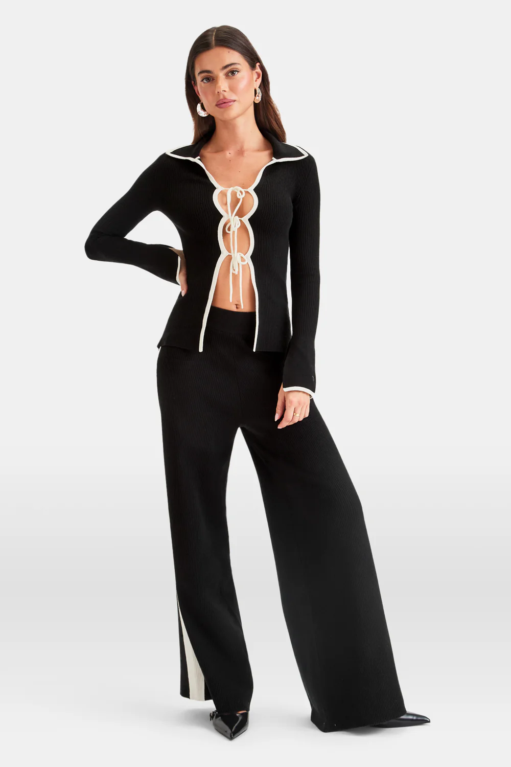 Slim Fit Long Sleeve Ribbed Knit Tie Top - Black And Buttermilk - Image 3