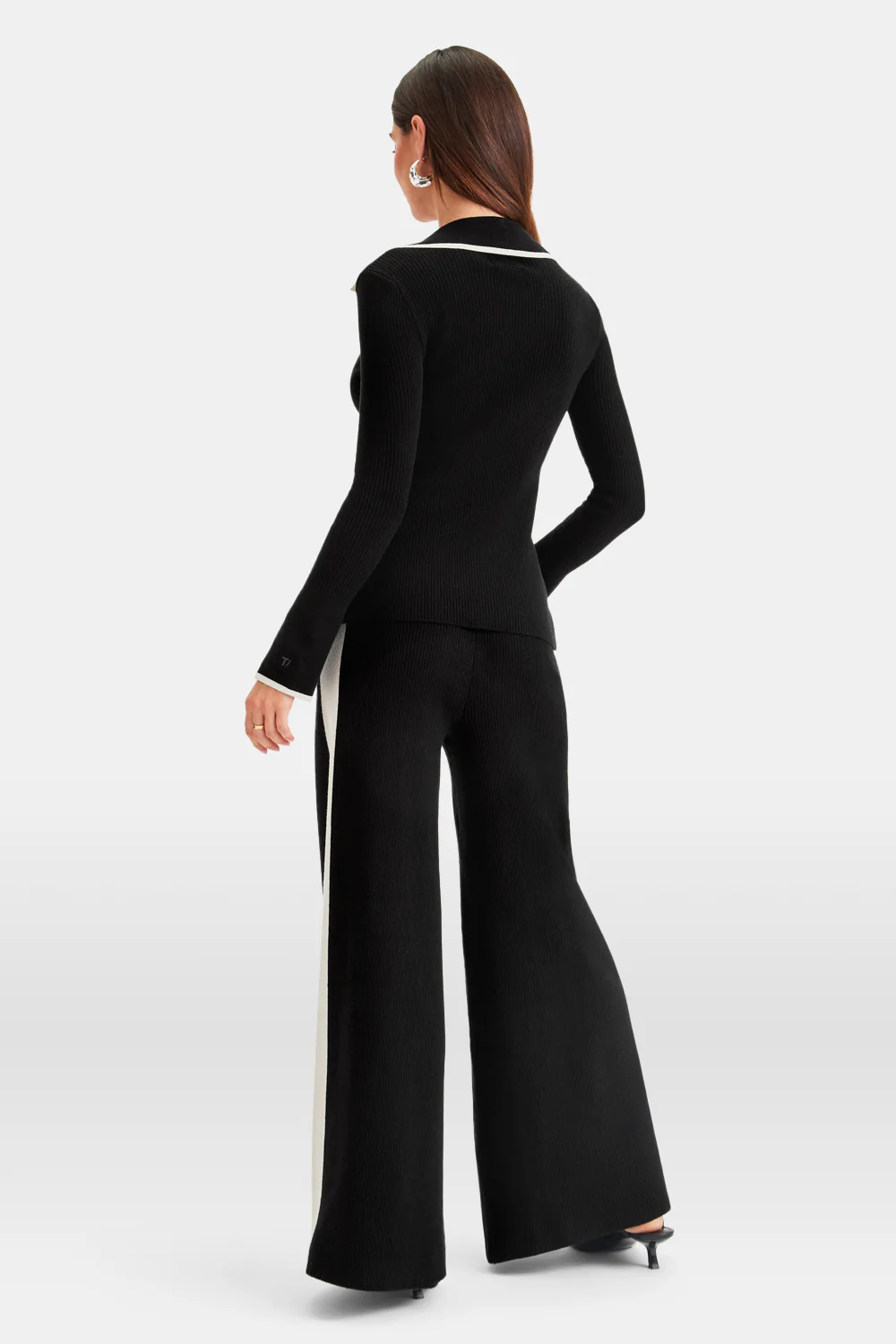 Slim Fit Long Sleeve Ribbed Knit Tie Top - Black And Buttermilk - Image 4