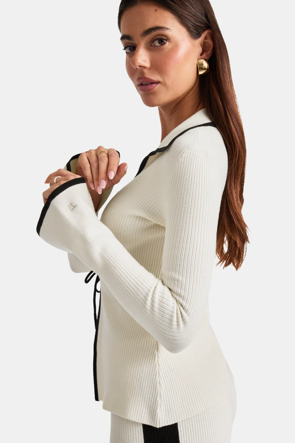 Slim Fit Long Sleeve Ribbed Knit Tie Top - Buttermilk And Black - Image 3
