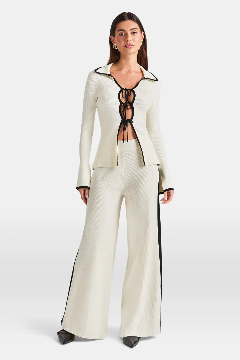 Slim Fit Long Sleeve Ribbed Knit Tie Top - Buttermilk And Black - Image 4