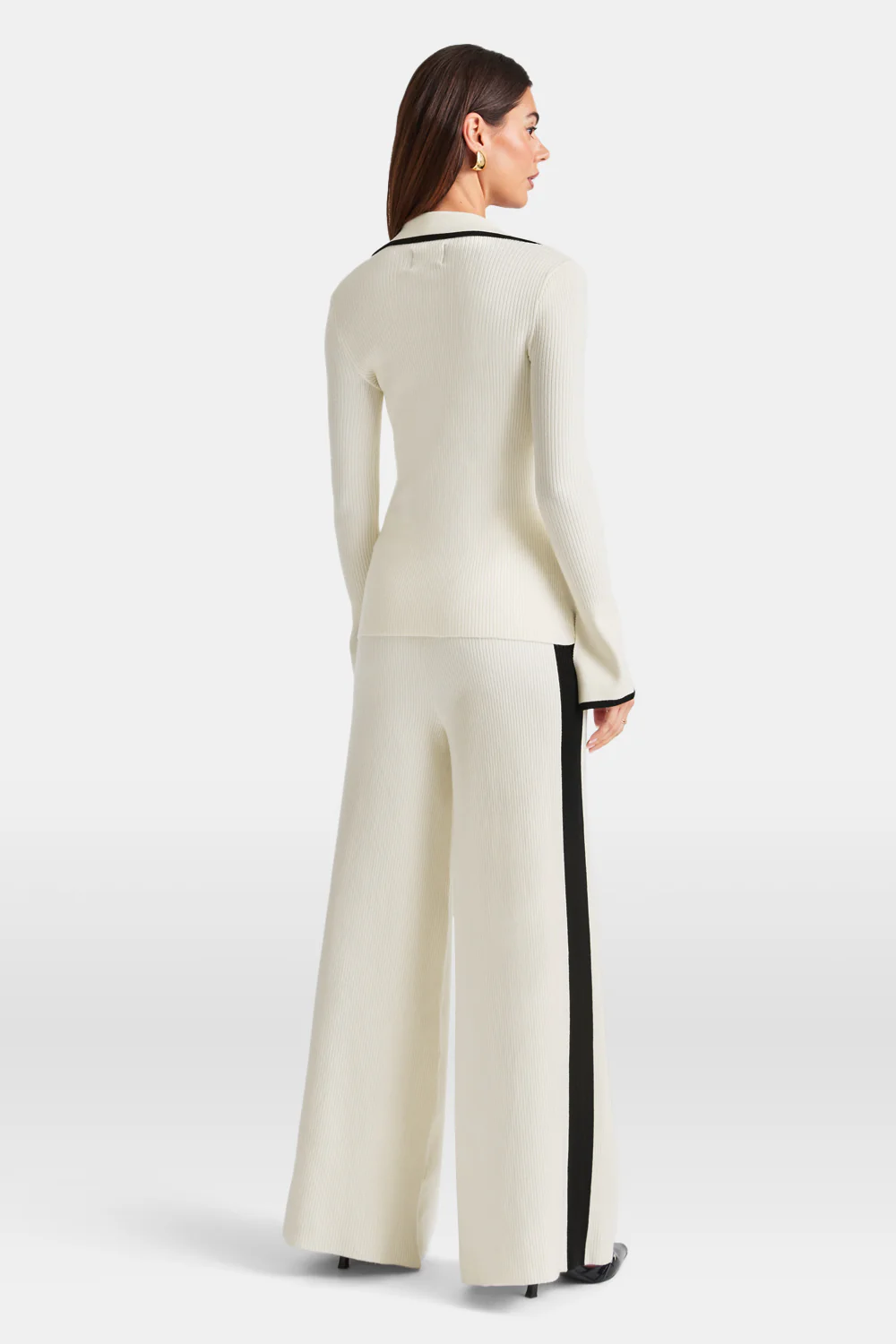 Slim Fit Long Sleeve Ribbed Knit Tie Top - Buttermilk And Black - Image 5