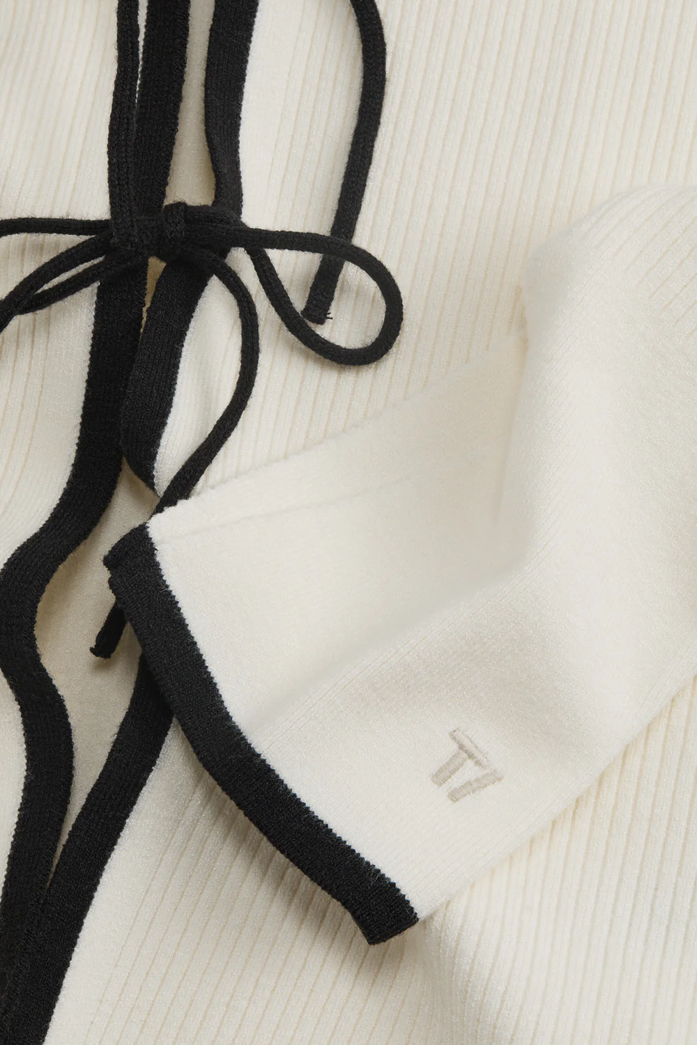 Slim Fit Long Sleeve Ribbed Knit Tie Top - Buttermilk And Black - Image 7